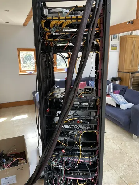 Rear of the equipment rack with cables dressed in braided sleeving and fixed with hook and loop ties