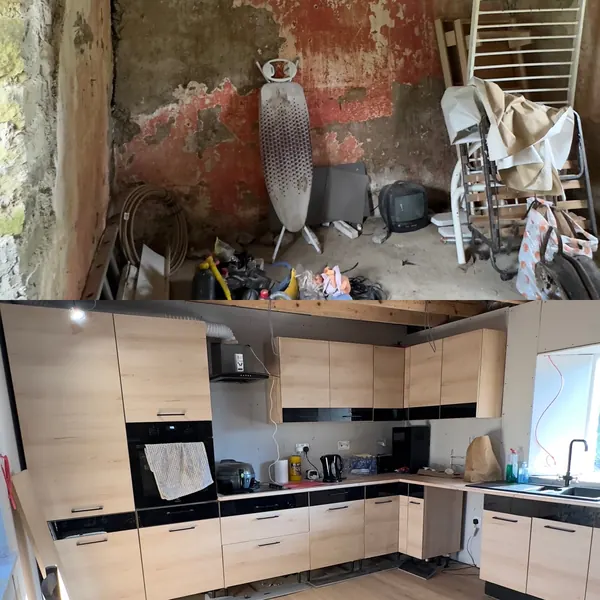 Before and after at Ivy Cottage in Roscommon: the derelict room with red paint peeling off the stone above and the finished kitchen with its sink under the window below
