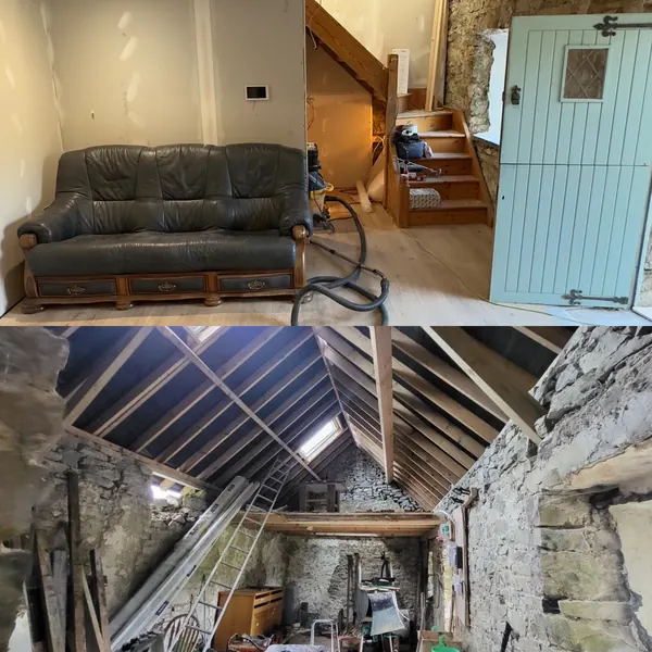 Ivy Cottage in Roscommon before and after: the finished living room with its sofa, stairs and stable door above, and the empty stone shell under bare roof timbers below