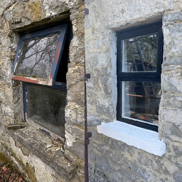 A window at Ivy Cottage in Roscommon before and after: the rotten sash in the old stone wall beside the new black framed window with a painted sill