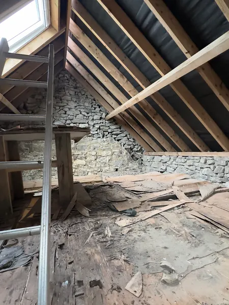 The collapsed timber floor and open roof timbers inside the derelict cottage, with a ladder against the stone wall