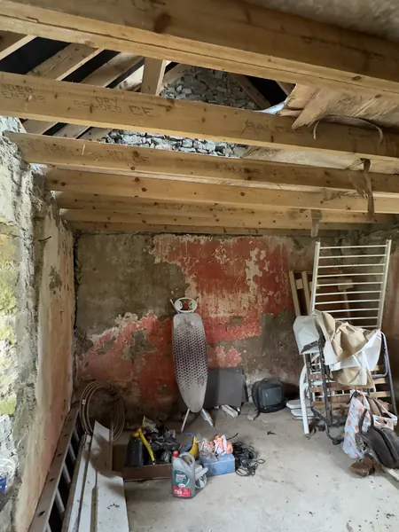 Inside the derelict cottage before work, red paint peeling from a stone wall, old joists overhead and rubbish on the floor