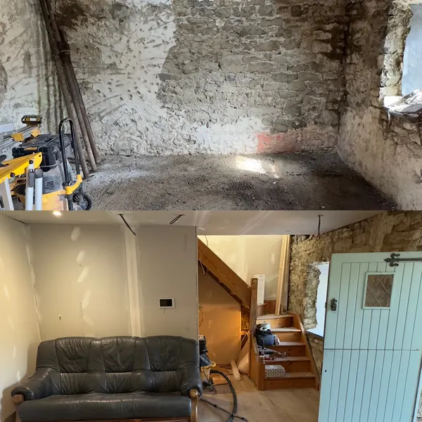 Before and after: the derelict shell with a rotten floor above and the finished living room with sofa and stairs below