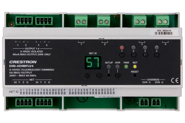 Crestron DIN-4DIMFLV4 4 Channel 0-10V Dimmer, 4 Feeds, DIN Rail Mount