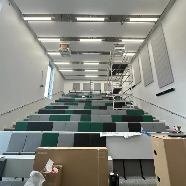 A recent auditorium for a university that we installed with two drop-down projectors with audio.