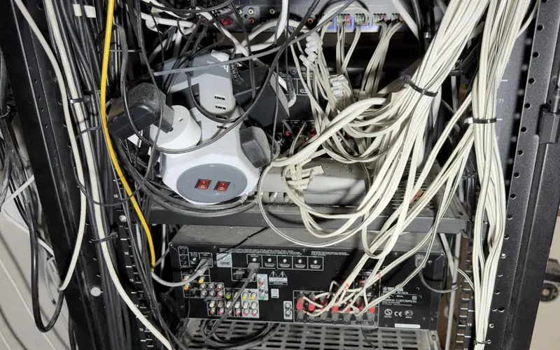 Overloaded equipment rack seen from behind, with power strips and tangled network cables