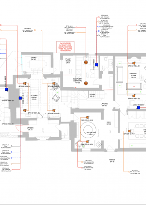Floor plan marked up with where each speaker, cable and equipment cupboard goes