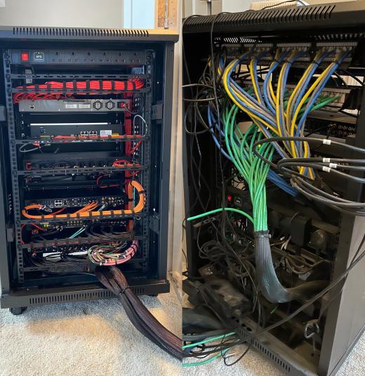 A tidy rebuilt rack shown next to the old cabinet and its knot of cables
