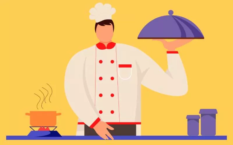 Drawing of a chef in whites holding up a serving dome