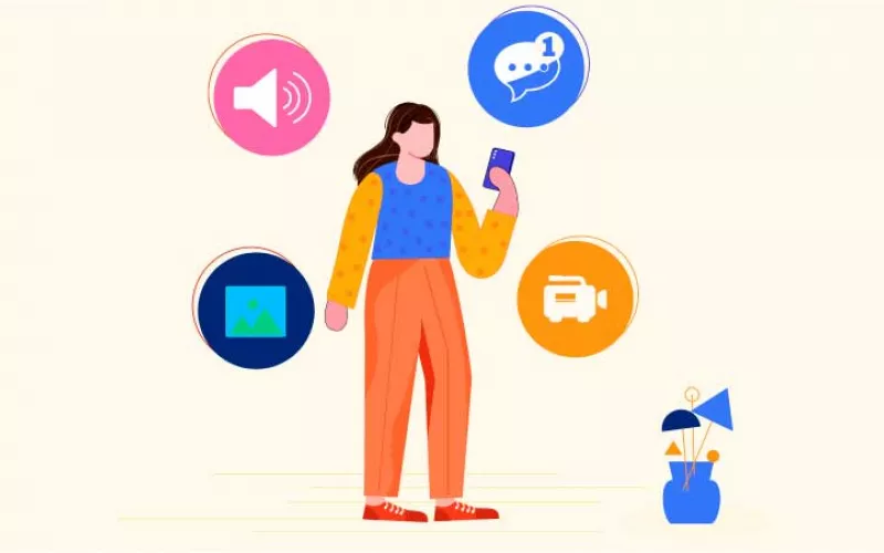 Drawing of someone holding a phone, with audio, message, picture and camera symbols floating nearby