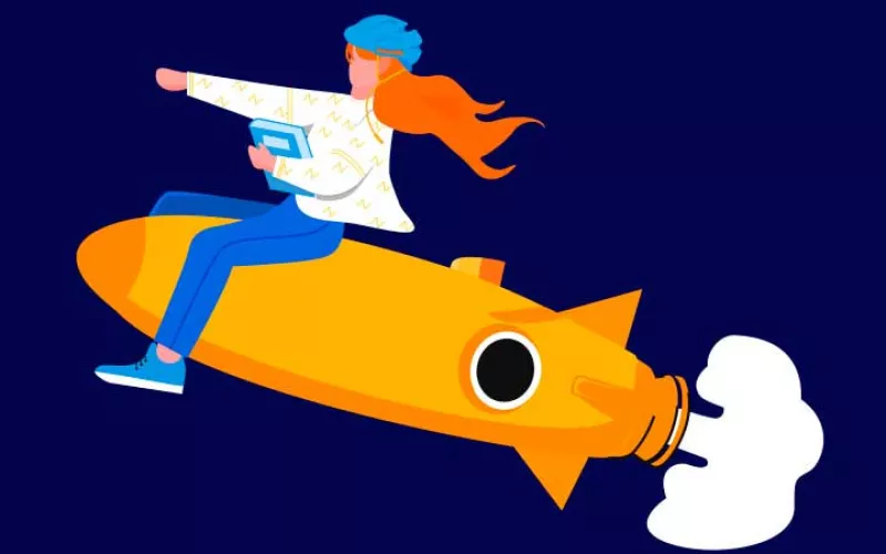 Drawing of a person flying on an orange rocket