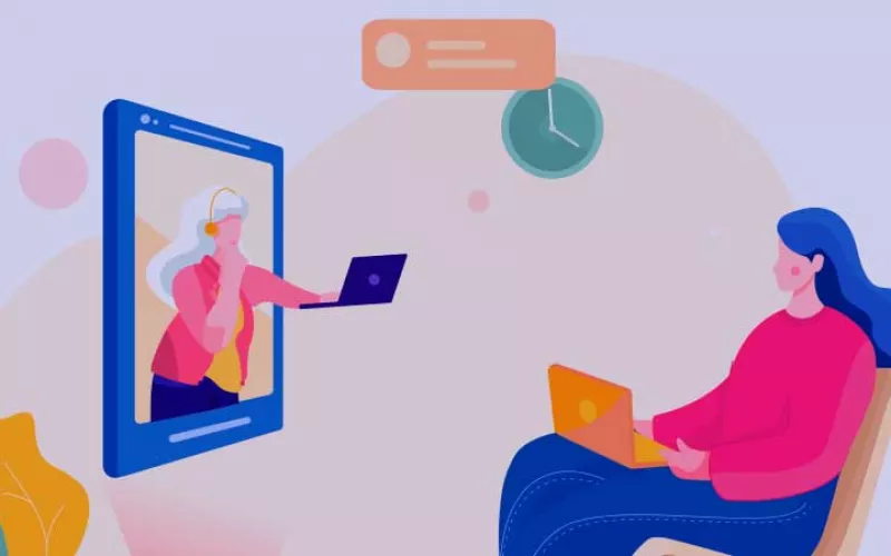 Drawing of a woman at a laptop speaking to a colleague shown on a screen