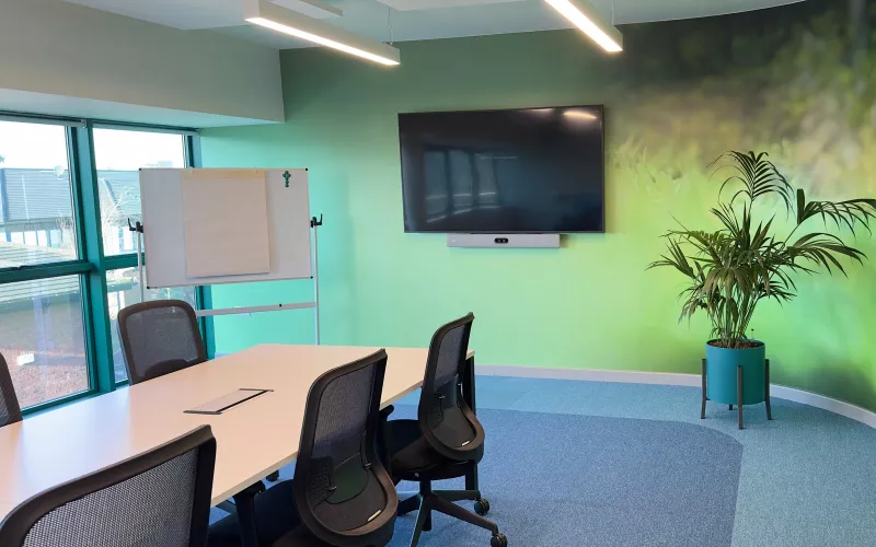 Cisco video conferencing in a meeting room in south Dublin, with a Cisco video bar under the screen, a long white table and a curved green feature wall