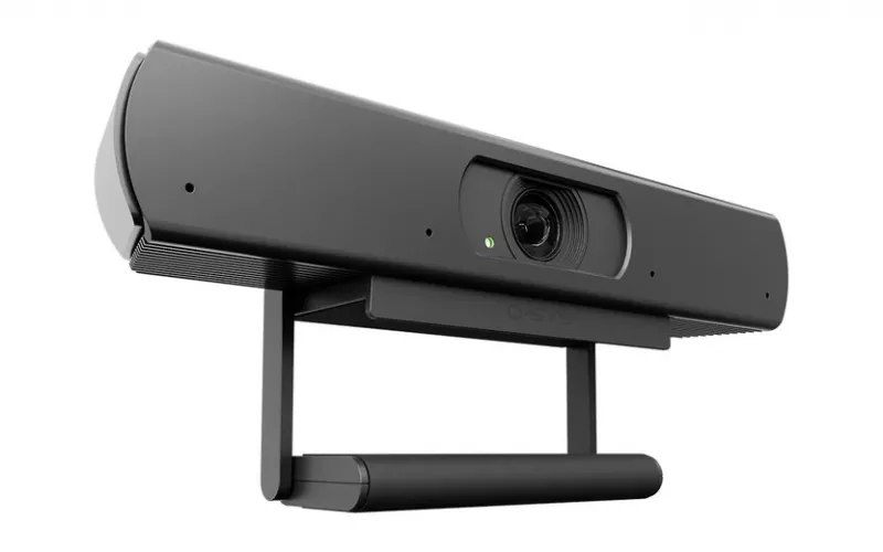 Angled view of the black Q-SYS NC-90-G2 network camera on its mounting bracket, a certified Q-SYS Zoom Rooms camera, on a white background