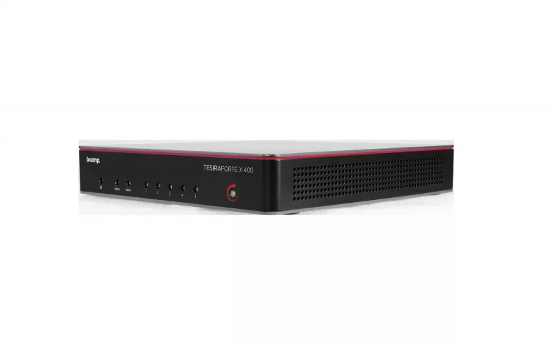 Product photo of a black Biamp TesiraFORTÉ X 400 processor with a red trim line, one of the TesiraFORTÉ X processors that can run Biamp voice reinforcement with Parlé Voice Lift