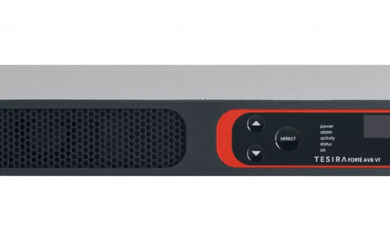 Rack mounted Biamp TesiraFORTÉ AVB VT processor with red front panel surround, display and select buttons, shown for a post on Biamp Tesira firmware 5.7.1