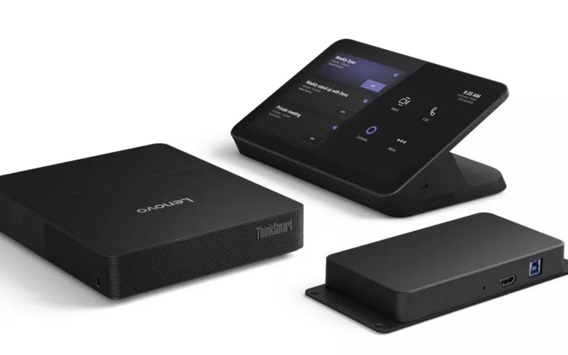 Biamp UCC-Lenovo kit shown as three parts, a Lenovo ThinkSmart compute box, a table touchscreen and a Link Box, the Biamp Lenovo set for Dublin and Cork meeting rooms