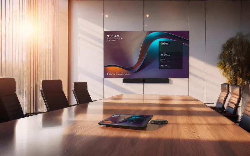 Biamp Devio UCX 1000 room render: a long timber boardroom table with a tabletop touch panel and a round table microphone, facing a black video bar mounted below a wall display