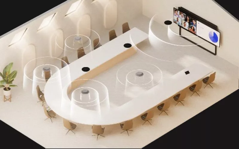 Cisco RoomOS 27 illustration of a large boardroom with a dual screen Cisco video system and ceiling audio zones over a curved table, from Cisco's launch post on Cisco Google Meet support