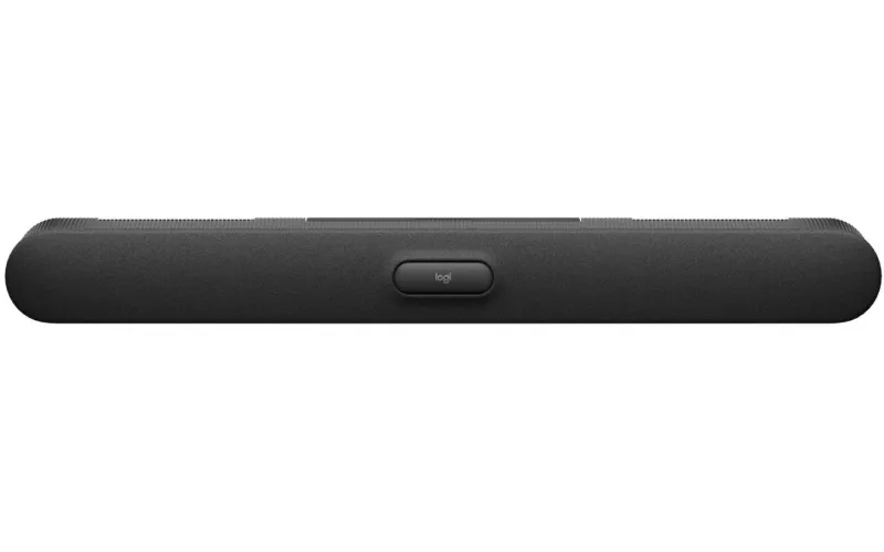 Front view of a graphite Logitech Rally Bar 2 video bar on a plain white background, its motorised privacy shutter closed over the camera