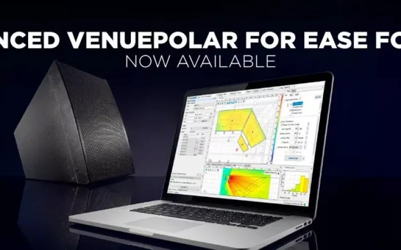 Dark grey Biamp LVH-900 cabinet beside an open laptop showing a coloured VenuePolar coverage map in EASE Focus 3