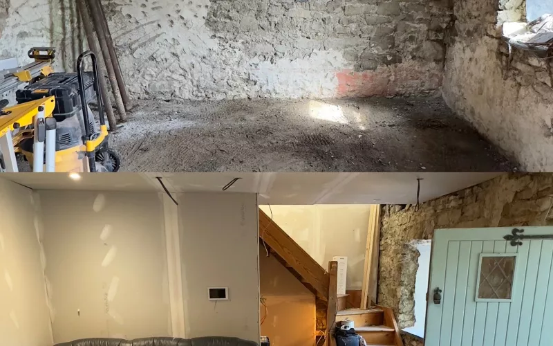 Private well grant: Ivy Cottage in Roscommon, a cottage on its own well, before and after, the derelict shell with its rotten floor above and the finished living room with leather sofa, timber stairs and stable door below