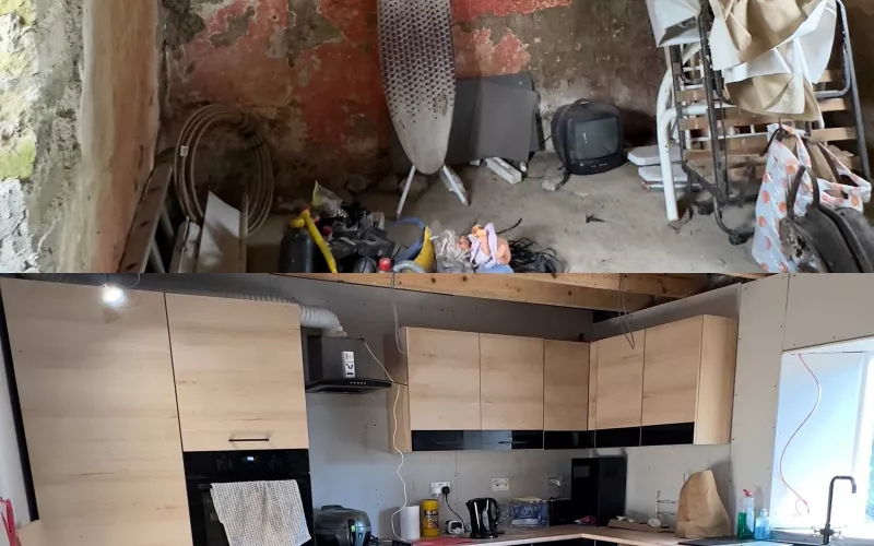 Private well grant Ireland: Ivy Cottage in Roscommon before and after, bare stone walls above and the finished kitchen with its sink and light oak units below, a cottage on its own well