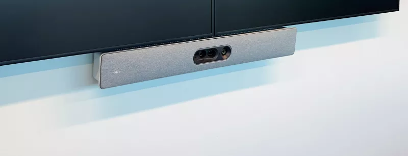 Close up of the Cisco video bar, with its camera lenses set into the middle of the grey fabric front