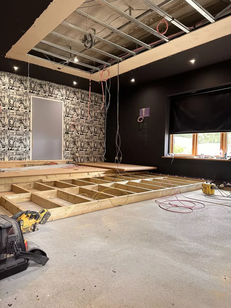 Timber frame of the staged floor going into the home cinema room
