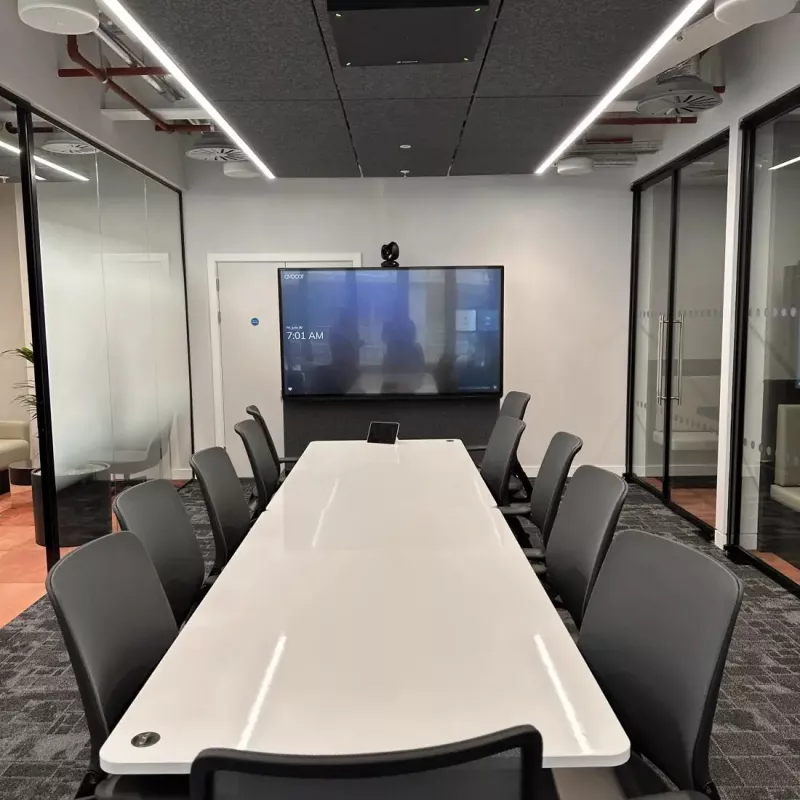 Meeting room with dual displays and a Teams Rooms camera in Dublin