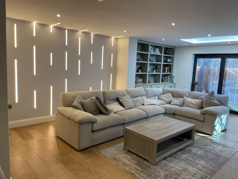 The finished Douglas living room with the LED feature wall
