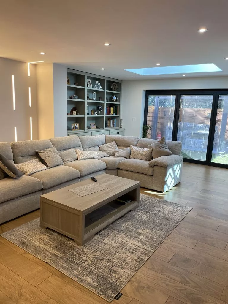 The finished feature wall and sofa