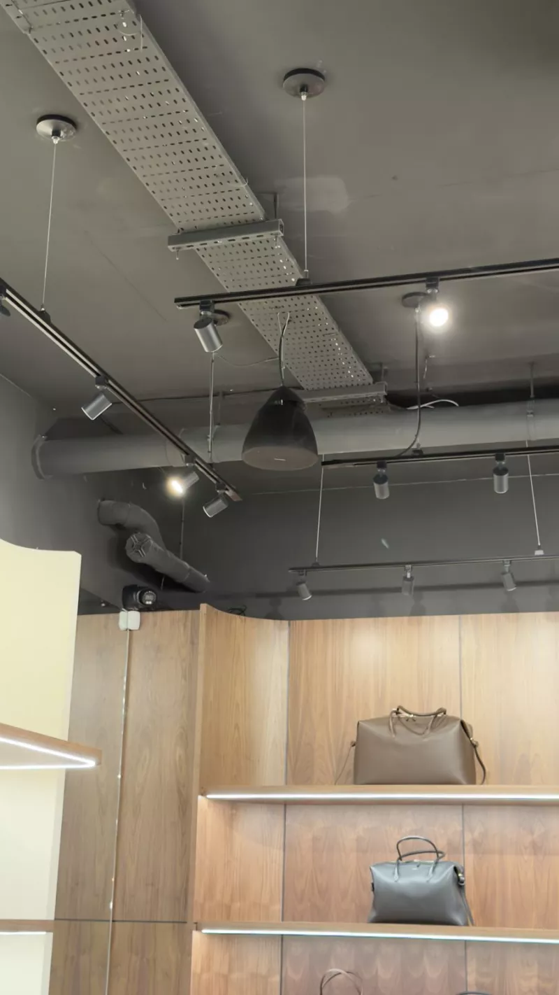 Track spotlights and ceiling speakers for background music