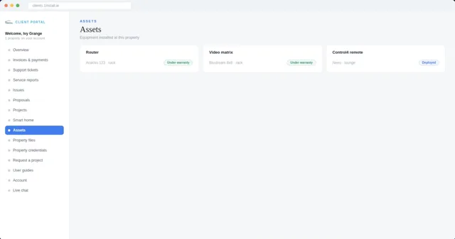 Client portal screen listing the equipment in a property