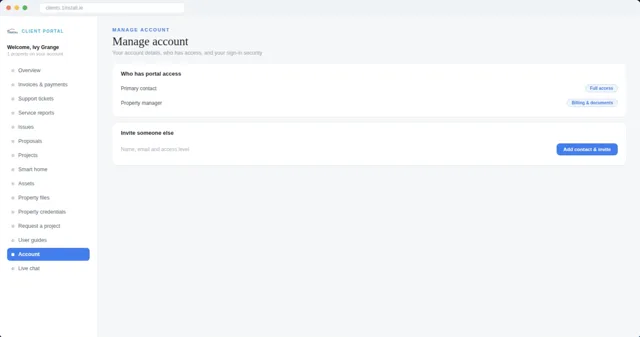 Account and permissions screen of the client portal