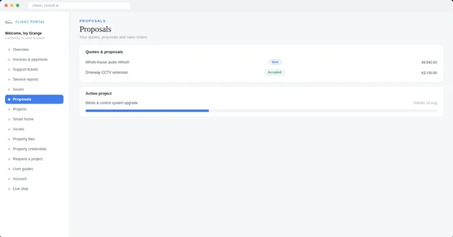 Client portal screen showing proposals and projects
