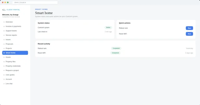 The smart home screen of the client portal, with quick actions