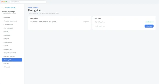 Client portal help screen: user guides plus live chat