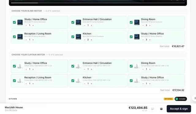 Proposal page for picking blind and curtain motors, room by room