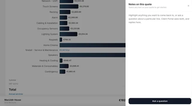 Panel in the proposal for a client's notes and questions