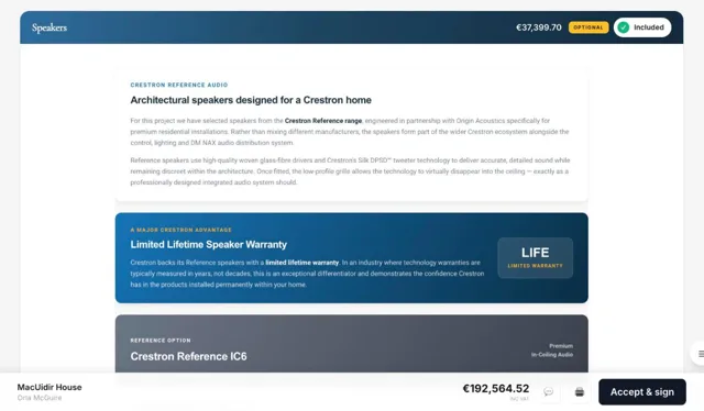 Proposal page about the Crestron Reference speaker range