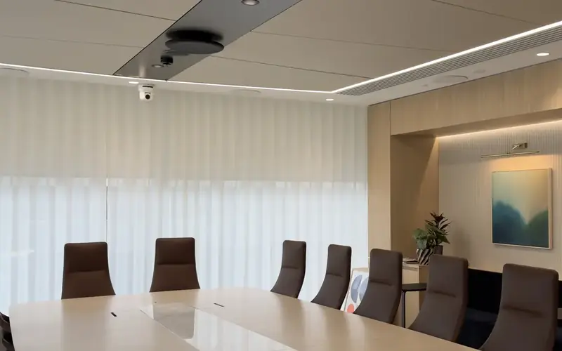 Boardroom with a long table, dark chairs and a soft strip of light in the ceiling