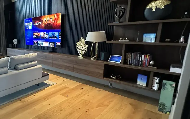 Sitting room with a TV on dark slatted panelling, shelves and a table lamp
