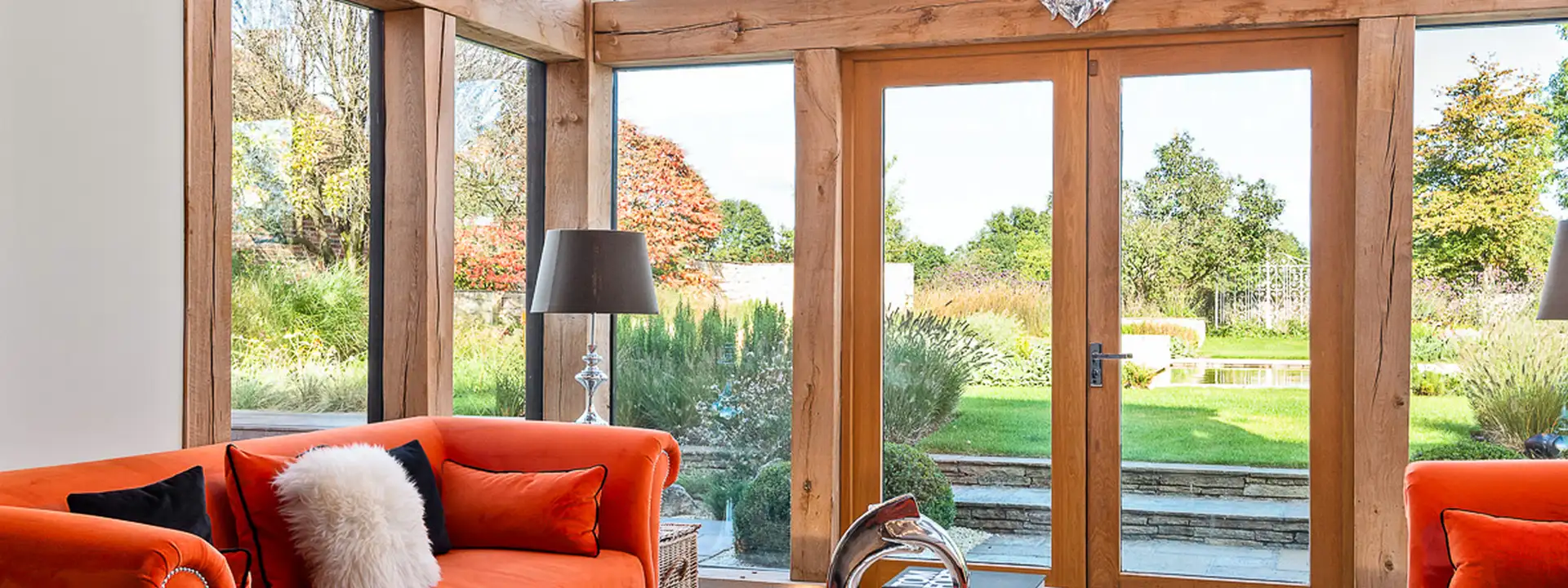 A bright living room with garden views