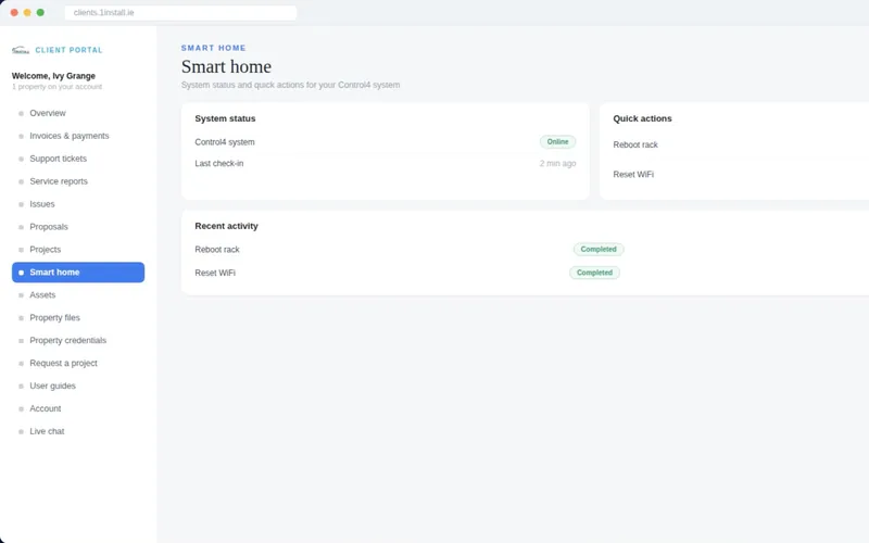 Smart home screen of the client portal, with system status at a glance