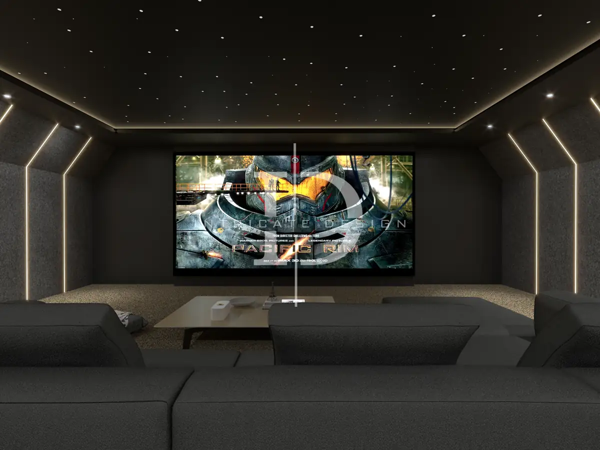 Home cinema room with a star lit ceiling, big screen and sofa seating