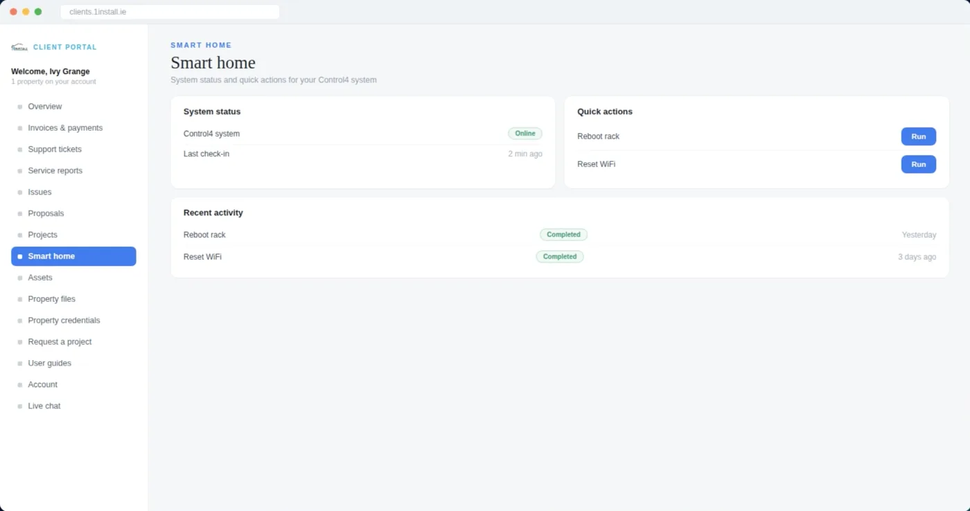 1Install client portal smart home page with system status and quick fixes